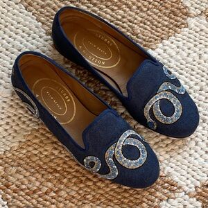 Women’s Stubbs & Wootton Snake Indigo Loafer in Linen - Size 6